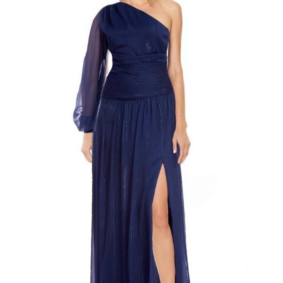 Jewel Badgley Mischka Navy Blue Alice Long Sleeve One Shoulder Gown